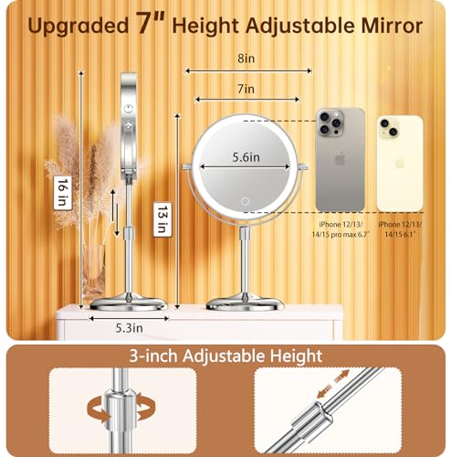 Gospire 7-Inch Lighted Makeup Mirror with 1X/10X Magnification, Silver, Height Adjustable