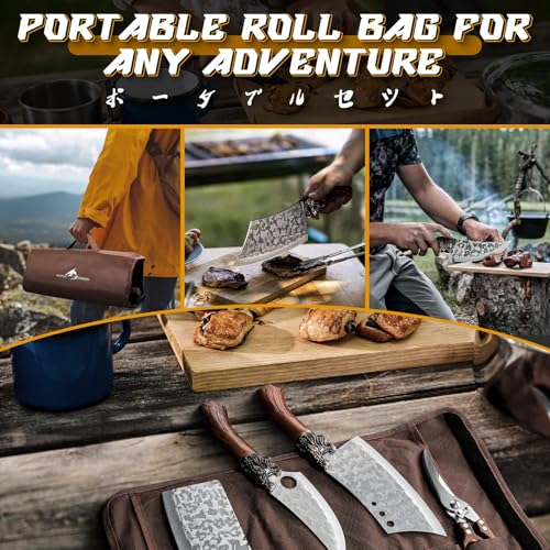 Purple Dragon 8-Piece Japanese Chef Knife Set with Roll Bag - Butcher & Meat Knives