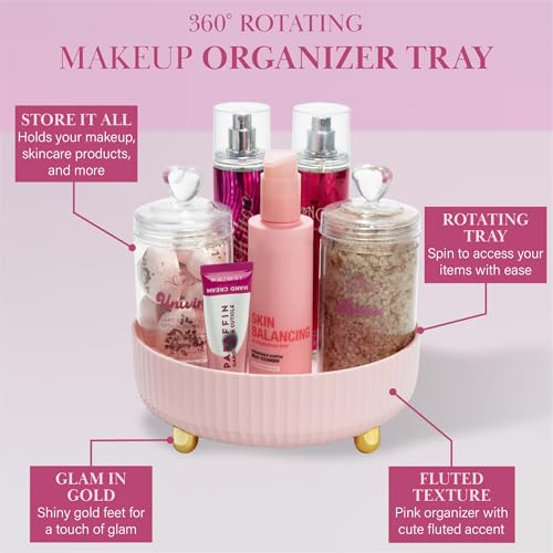 Paris Hilton 360¡Æ Rotating Makeup Organizer Tray, Large Capacity for Skincare & Beauty Essentials, Fluted Design with Gold Accents, 8.75-Inch, Pink