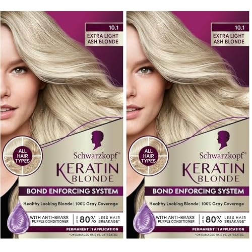Schwarzkopf Keratin Color Permanent Hair Color, 10.1 Extra Light Ash Blonde, 1 Application-Salon Inspired Permanent Hair Dye, for up to 80% Less Breakage vs Untreated Hair and up to 100% Gray Coverage