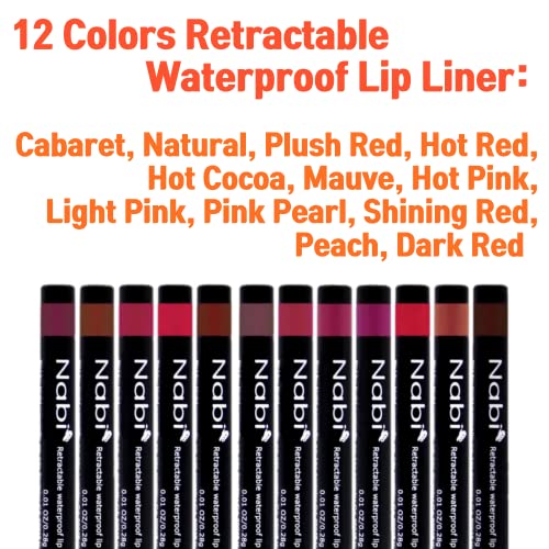 Beauty Spot 12 Colors Retractable Waterproof Lip Liner Set, Roll It Up Auto Lip Liner Pencil, Long Lasting Fade Resistant