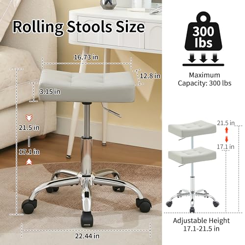 Saddle Stool with Wheels, Swivel Rolling Stools for Vanity, Adjustable Height Tattoo Stool 17"-21" (Gray)