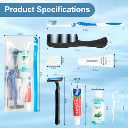 Travel Hygiene Kit with Toothbrush, Toothpaste, Mouthwash, Shaver & Accessories - 10 Pack