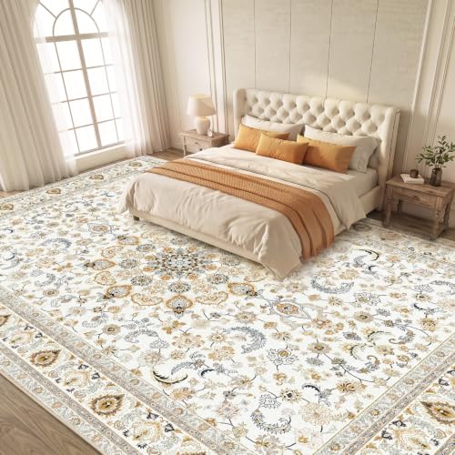 Beige 9x12 Washable Rug with Non-Slip Backing for Living Room