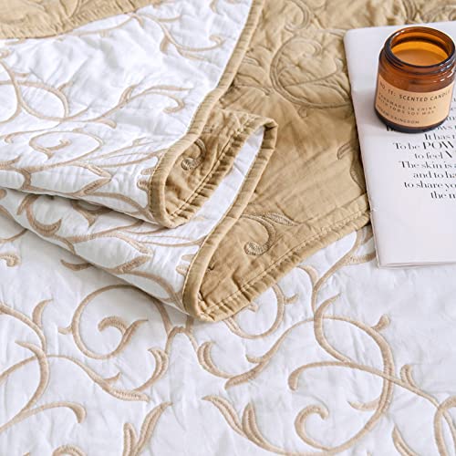 King Size Reversible Quilt Set with Embroidery - Beige Bedding with 2 Pillow Shams