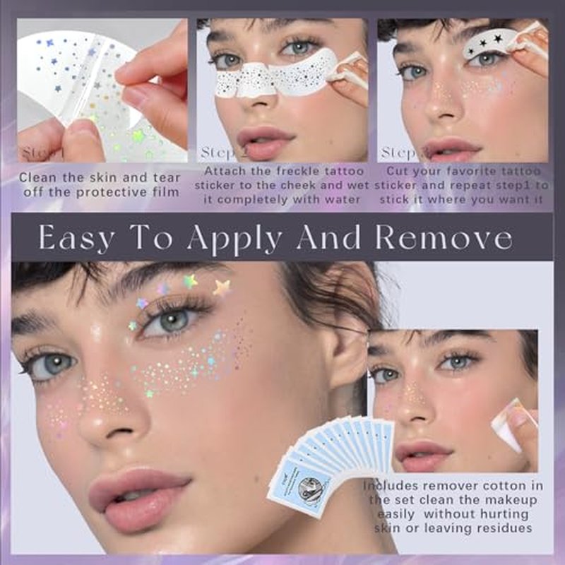 10pcs Holographic Chameleon Silver Glitter Freckles Face Tattoo Set, Color Shift Waterproof Sparkle Face Speckles Patches for Women, Cute Star Temporary Tattoo Fairy Makeup Rave Accessories