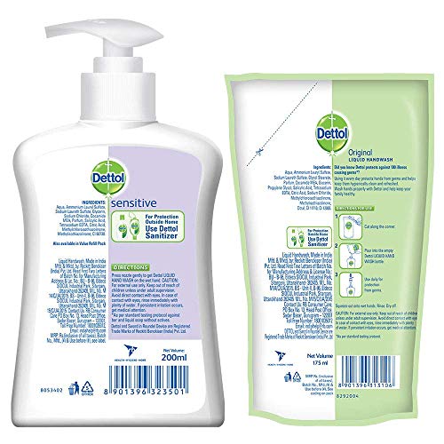 Dettol Liquid Sensitive Handwash - 200 ml with Free Dettol Original Liquid Hand Wash Pouch - 175 ml (Any Variant)