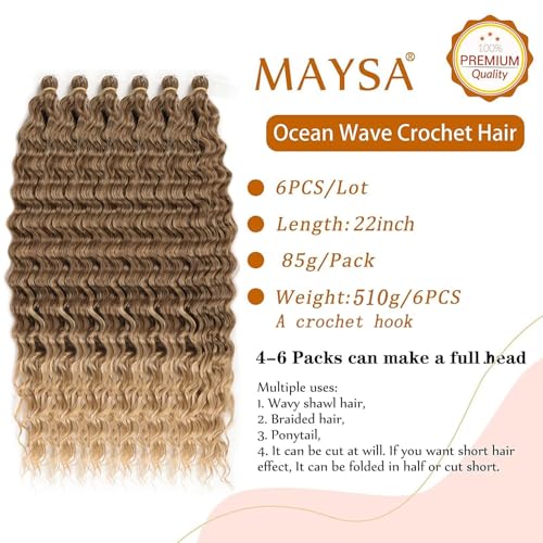 MAYSA 22 Inch Deep Wave Crochet Hair Extensions - 6 Pack Brown Blonde Mix, Synthetic Curly Hair for Women