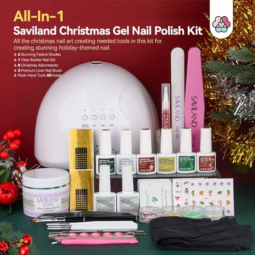 SAVILAND Christmas Gel Nail Polish Kit - 6 Colors Gel Nail Polish Kit with U V light Christmas Limited Series 2.12oz. Clear Builder Nail Gels UPF 200+ U V Protection Gloves Nail Tech Gifts