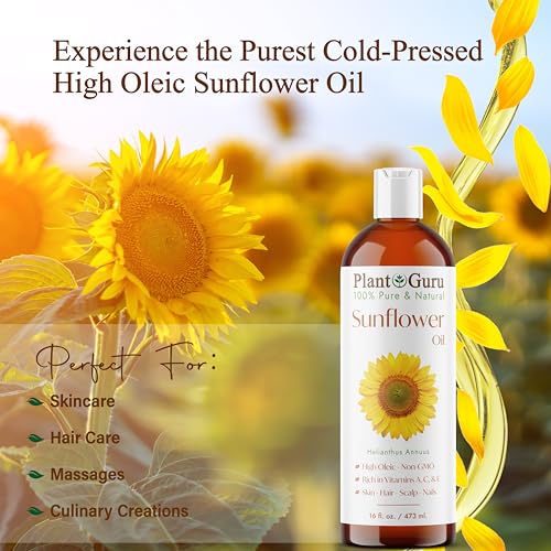 Plant Guru Sunflower Oil 4 fl oz ? Cold?Pressed, 100% Pure & Natural Carrier for Skin, Face, Body, Hair & Cooking. Great for DIY Creams, Lotions, Soaps & Lip Balms.