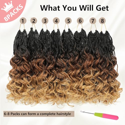 Pre-Looped Crochet Hair 14 Inch Boho Box Braids - #1B/30/27, 8 Pack