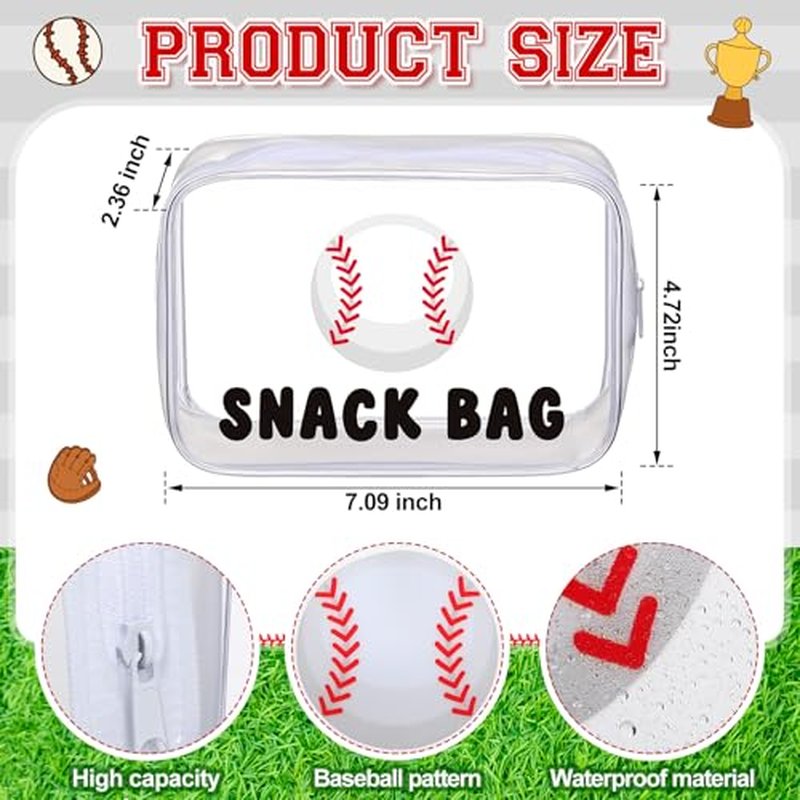 12 Pcs Baseball Snack Bags for Team Gifts Baseball Goodie Treat Candy Pouch Bags Clear PVC Waterproof with Zipper Party Favors for Team Ground Birthday Gifts Sport Supplies