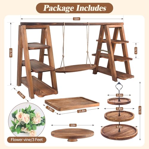 Brown Upgraded 4 Pack Wooden Cake Stand Set 3 Tier Swing Cupcake Display with Floral Decor