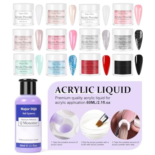 Major Dijit Acrylic Nail Kit with Nail Lamp, 0.35 oz White Clear Pink Black and More 12 Colors Acrylic Powder and Liquid Kit, Electric Nail Drill, Glitter, Nail Art Brushes,Nail Kit for Beginners