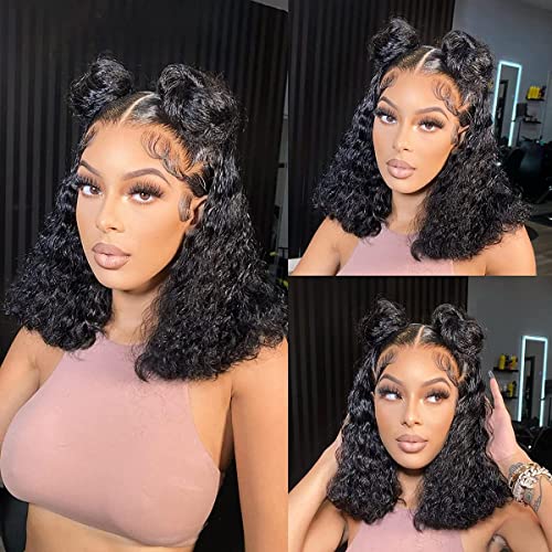 Natural Color 13x6 Curly Bob Lace Front Wig - 14 Inch Human Hair, Pre Plucked with Baby Hair, Wet & Wavy Style, 180% Density