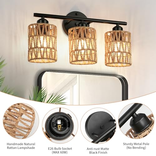 Bathroom Vanity Light Fixtures with Woven Rattan Shades - Matte Black Wall Sconces for Mirror, Bedroom, Living Room, Farmhouse Decor