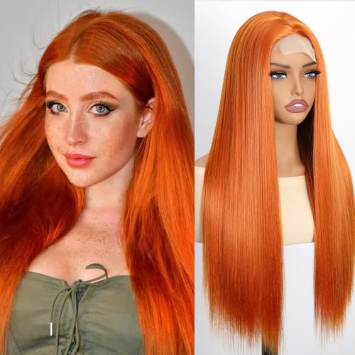Ginger Orange Long Straight Wig 28 Inch for Women, Heat Resistant Synthetic Hair, Middle Part, Natural Look — Ellieryan