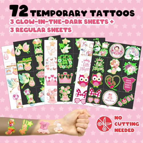 96 PCS It¡¯s a Girl Baby Shower Favors Set ? 72 Pre-Cut Temporary Tattoos & 24 Slap Bracelets, Perfect for Gender Reveal Parties & Newborn Celebrations
