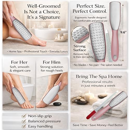 Professional Foot File & Callus Remover 2-in-1 Set ? 9.6" Foot Rasp with 6.7" Nail File Included?Elegant Rose Gold?Dual-Sided, Durable & Hygienic Pedicure Tool for Smooth, Soft Feet?Wet & Dry Use