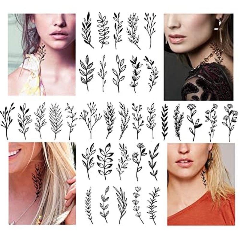 18 Sheets Realistic Temporary Tattoo, Tiny Branch Black Flower Temporary Tattoos for Women Girls Kids, Bouquet Small Tattoo Temporary Sticker Wild Plant Floral Fake Tattoos