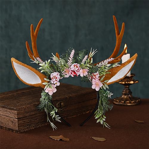 MOSTORY Handmade Antler Headband with Flowers & Ears - Brown-Pink Variation