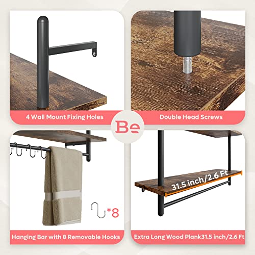Wall Shelf with Towel Bar - Rustic Brown 31.5 Inch Industrial Pipe Shelf