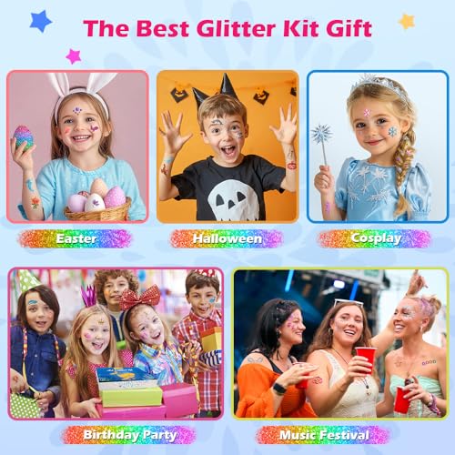 Kids Glitter Tattoo Kit - 42 Colors, 210 Templates, Glow & Diamond Stickers - Reusable & Waterproof