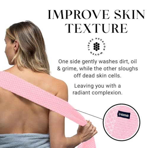 Sima - Bundle - Exfoliating Body Towel Pink + Japanese Exfoliating Face Towel with Hexagon Fibers, Body Scrubber with 2 Sides for Scrubbing & Washing