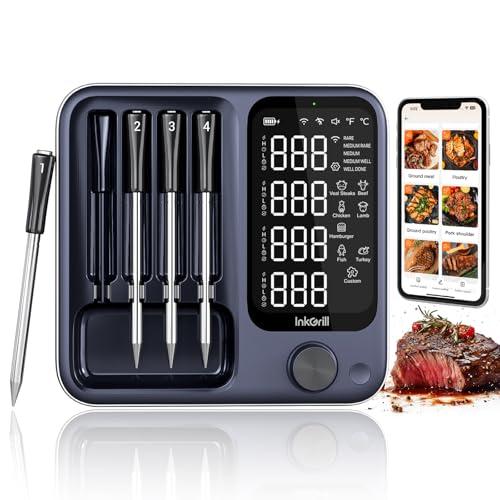 Wireless Meat Thermometer with WiFi & Bluetooth - 4 Probes, Digital Display