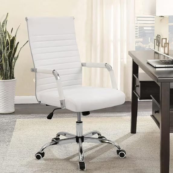 White Mid-Back Office Chair with 360° Swivel & Height Adjustment