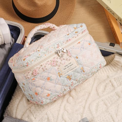 UEKEBOAG 3-Piece Quilted Cotton Makeup Bag Set with Pink Flower Pattern – Travel & Organizing Cosmetic Bags