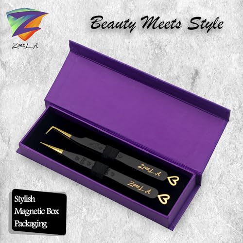 Zane L.A. Nano Fiber Tip Professional Eyelash Extension Tweezers, made with Japanese Stainless Steel, Unique Heart Design (Black)