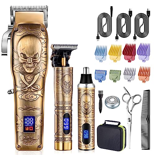 Roziapro Gold Cordless Hair Clippers Kit for Men with Nose/Beard Trimmer – Rechargeable, 5-Length Levers