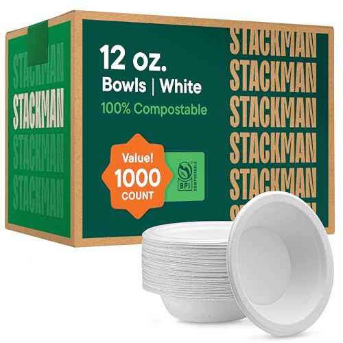 7 inch 12 oz Heavy-Duty Compostable Sugarcane Bowls, 1000 Pack - Natural White