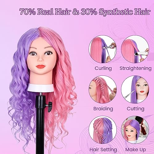 Colorful 26-Inch Mannequin Head with 70% Real Human Hair for Hair Styling Practice - Purple & Pink
