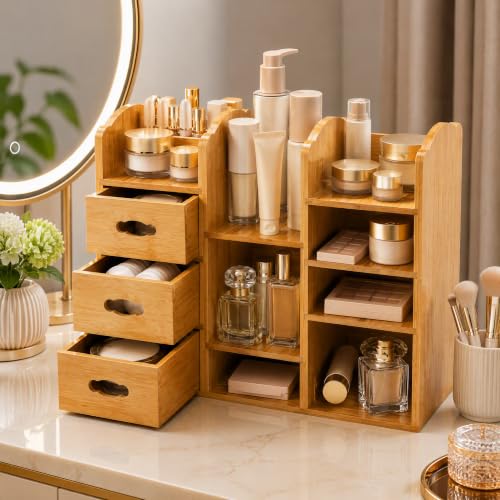 Large Bamboo Makeup Organizer with Drawers and Compartments for Vanity Storage