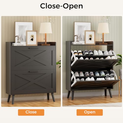 Homleke Farmhouse Shoe Storage Cabinet with Flip Drawers & Barn Door Design - Black