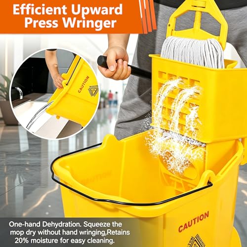 35 Qt Commercial Mop Bucket with Side-Press Wringer on Wheels & Wet Floor Sign