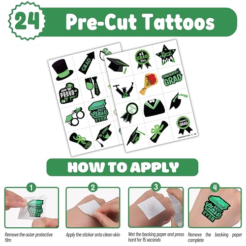 48 PCS 2025 Graduation 24PCS Temporary Tattoos Stickers 24PCS Slap Bracelets Wristbands Perfect for Themed Class Party Supplies Grad & So Proud of You High School College (Green)