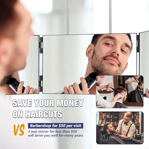 Dripex Black 3-Way Mirror for Hair & Makeup, 360° Trifold with Adjustable Hooks
