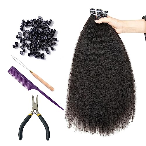 16 Inch Curly I Tip Human Hair Extensions - Pre Bonded Micro Beads, 50g, Kinky Straight Remy Hair for Women - Variation #1B-KS