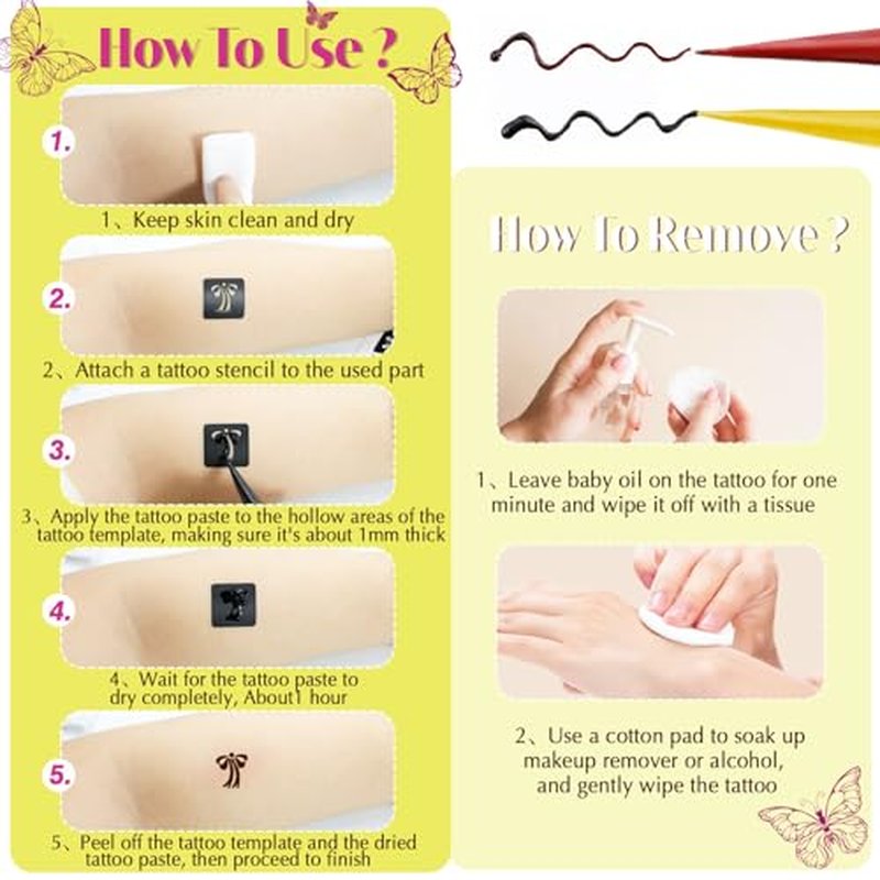 126 PCS Temporary Tattoos Stencils Kit,Temporary Tattoos Kit - 6 Pcs 2 Color(Brown Black) Ink with Gloves,DIY Body Art Painting for Women Men Adults Kids