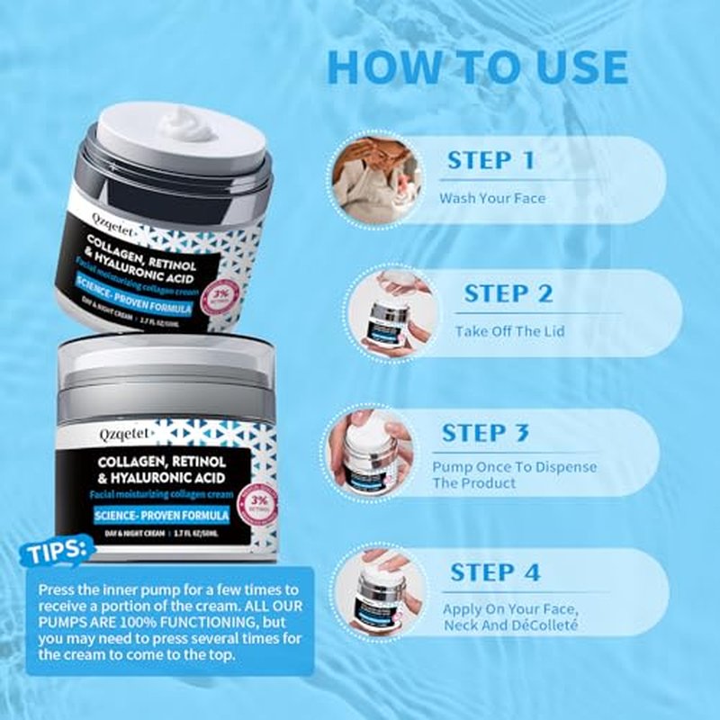 2pcs Face Cream Collagen, Retinol & Hyaluronic Acid Cream, 1.7 fl.oz Anti-Aging Facial Moisturizer, Daily Moisturizer Face Lotion for All Skin Tapes, Women and Men