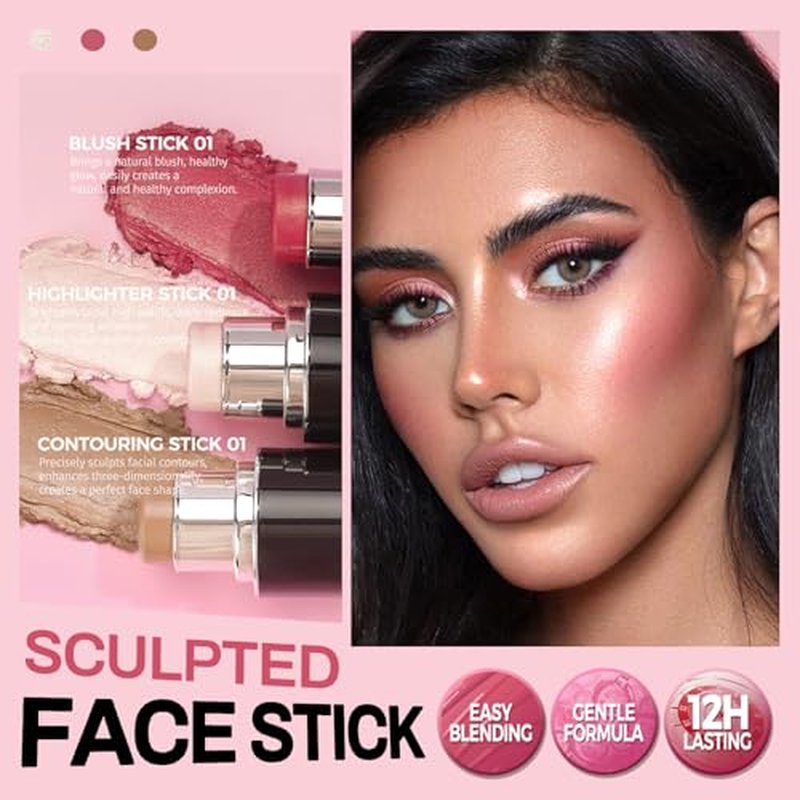 Face Contour Stick Set, Highlighter Stick & Bronzer Stick & Cream Blush Stick for Cheek Lip Tint, Long Lasting Blendable Lightweight Smooth Sculpted Face Stick Natural Dewy Makeup for All Skin