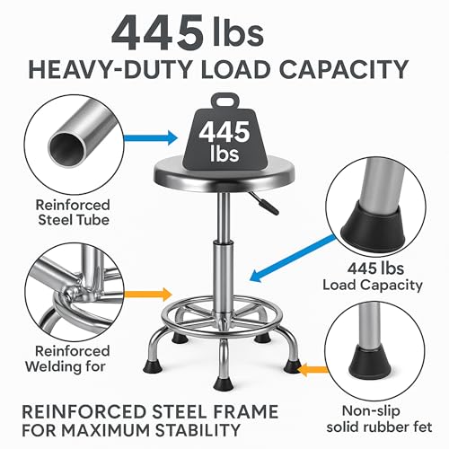 Adjustable Stainless Steel Work Stool - Ergonomic Round Chair with Footrest, Non-Slip Pads, Silver Foot Nail Model