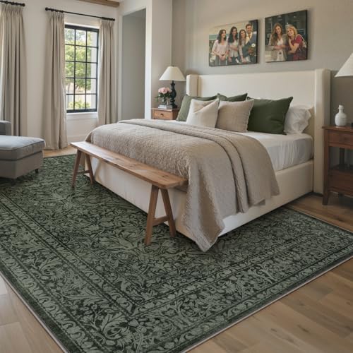 Lahome 8x10 Green Floral Washable Rug - Boho Vintage Style for Living Room