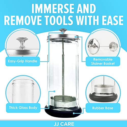 JJ CARE Disinfectant Jar (42oz) - Barber Disinfectant Jar Glass, Sanitizer Container w/Stainless Steel Removable Strainer & Cap for Manicure, Salon, Spa and Barber Tools - Silver Lid