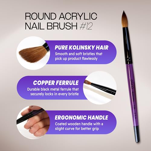 Purple Wood Handle Acrylic Nail Brush - Size 12, Kolinsky Hair, Nail Art Tool