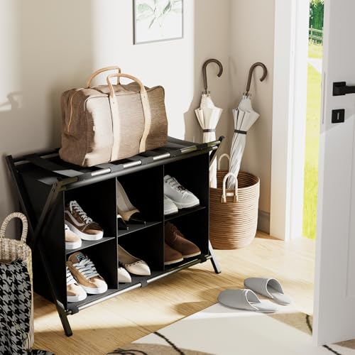 Foldable Luggage Rack with Storage Shelf for Guest Room Black - 2 Pack