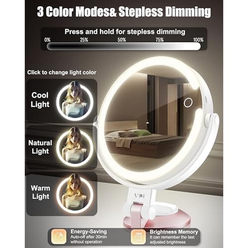 15X/1X Wall Mounted Magnifying Makeup Mirror with Power Suction Cup, Rechargeable Double Sided Regular HD/Magnification 3 Color Modes Adjustable Brightness Mirror with Lights for Bathroom, Travel